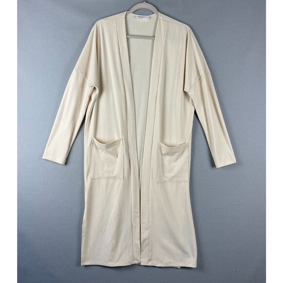 Carly Jean CJLA Long Cardigan Women Medium Ivory Minimalist CJs Favorite Ribbed - Picture 1 of 13